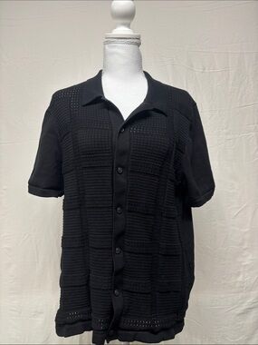 Perry Ellis Black Textured Button-Front Short Sleeve Shirt